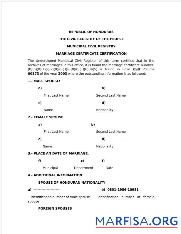 Downloadable Honduras Civil registry of the people marriage certificate template